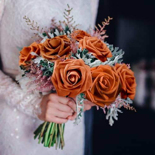 100 Pcs Artificial Foam Rose Flower Faux Bouquet Wedding Fake Rose Gift for Mother's Day Women DIY Bridal Shower Party Table Birthday Home Spring Decor (Orange) - color: Orange