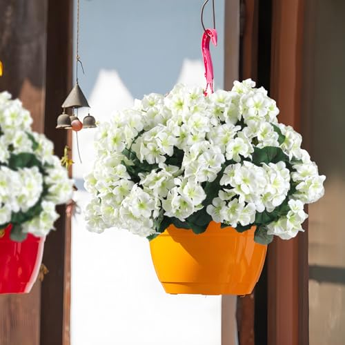 Hananona 12 Pcs Artificial Geranium Flowers for Outdoors Geranium White Silk Flowers Outdoor UV Resistant Garden Plants Faux Flowers for Home Kitchen Table Centerpieces Decor (12, White) - color: White