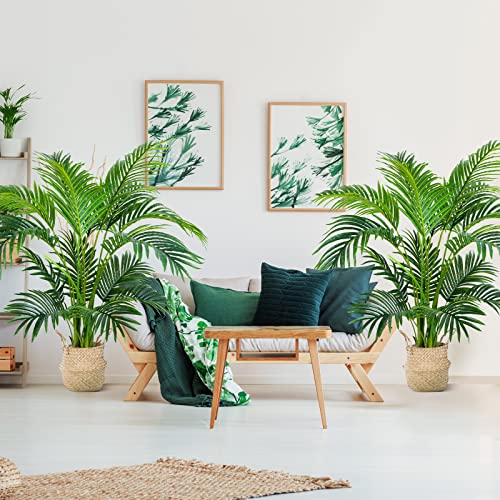 Worth Garden 4ft Artificial Areca Palm Plant 2 Packs in Pot, Fake Cane Palm Silk Tree Indoor Outdoor, Dypsis Lutescens, 47in Lifelike Faux Silk Plant Home Decor, Two Linen Bags Included - size: 2-PACK
