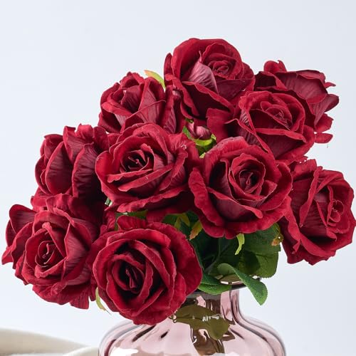 PONKING 3.5"(9cm) Rose Artificial Flower 12pcs Realistic Faux Silk Roses Fake Flowers Bouquets Arrangements Decor for Wedding Mother's Day, Home Table Christmas Valentine Decorations, Burgundy Flower - color: D 12pcs Burgundy Rose