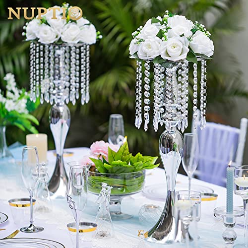 10 Pcs 21.3 inches Tall Crystal Metal Vase Wedding Road Lead Flower Holders Centerpiece Crystal Flower Chandelier Metal Flower Vase for Reception Tables Wedding Supplies - color: Silver, size: 10 x L