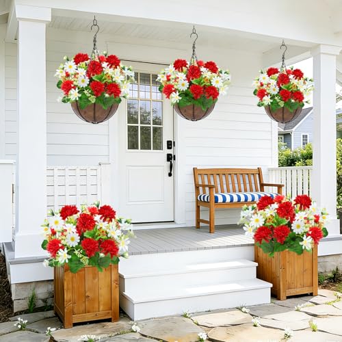 44 Heads Artificial Flowers for Outdoors, 4 Bunches 17 Inch Dahlia Daisies Mum Fake Plants UV Resistant Faux Flower Bouquet Cemetery Flowers for Grave Spring Summer Decor Mothers Day Indoor Home (Red) - color: Red
