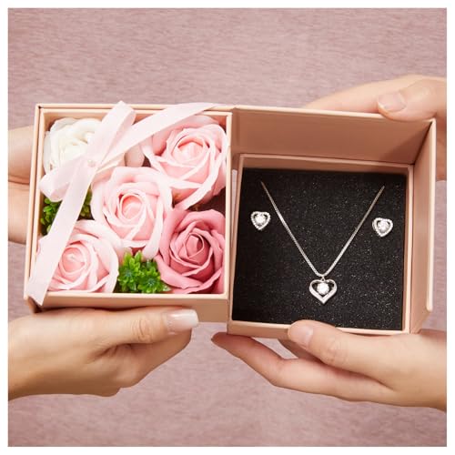 WDS WONDROUS Preserved Rose Jewelry Gift Set for Women, Forever Rose Flower with Heart Necklace & Earrings for Valentine's Day Anniversary Birthday Gift for Her - color: pink and silver, size: set of 3
