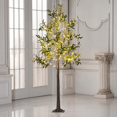 Lightshare Lighted Olive Tree with Fruit 6FT 200L Artificial Plant with Warm White Fairy Lights for Indoor Outdoor Home Party Wedding Decoration