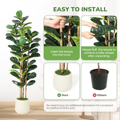Garvee Artificial Fiddle Leaf Fig Tree with White Planter, 6 ft Tall Fake Plant with Natural Wood Trunk, Faux Ficus Tree Potted Moss for Home Office Living Room Decor - size: 6ft