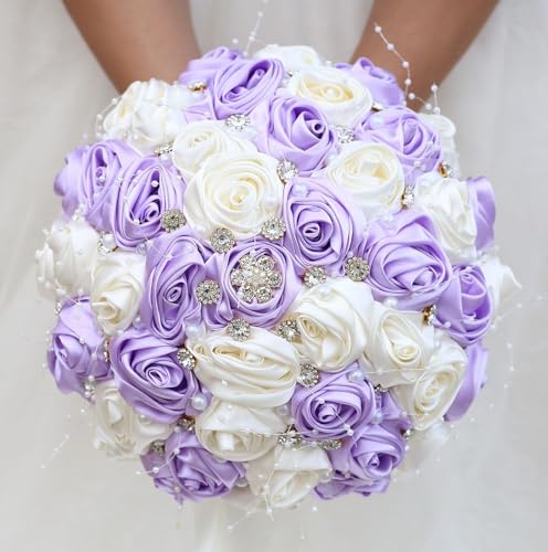 Ujicde Romantic Wedding Bouquet Bridal Bridesmaid Round Bling Brooch Bouquet Throw Toss Artificial Rose Flower Bunch with Sparkle Rhinestone Crystal Decoration(Purple+Ivory,Dia. 6.3"*16cm) - color: Purple+ivory, size: Dia. 6.3"*16cm