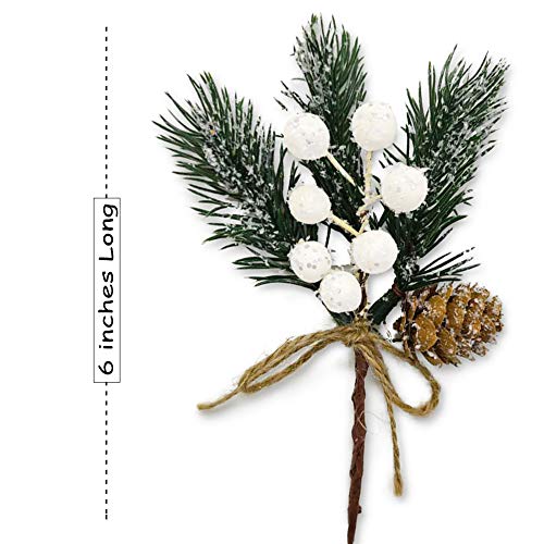 Christmas Berry Stems Artificial Pine Cones, 8Pcs Christmas Picks Spray Evergreen Artificial Pine Branches White Holly Spray Winter Holiday Floral Picks Wreath Picks for Xmas Tree Wreath Decor - color: White