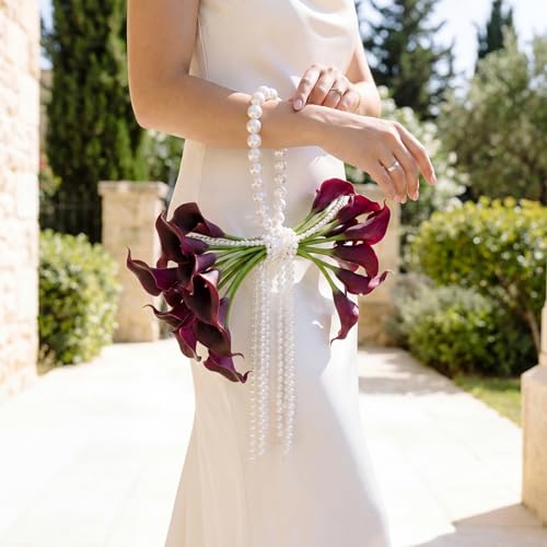 Suncalla 20 Pcs Calla Lily Artificial Flowers Burgundy DIY Wedding Bouquet for Bride Wedding Table Centerpieces Decorations with Ribbon and Pearl for Floral Arrangement DIY Craft Bridal Flower Gift - color: Claret, style: Calla Lily