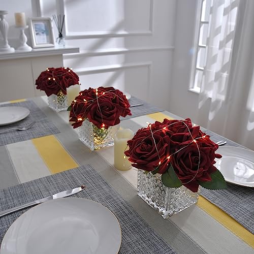 Fule Artificial Silk Rose Flower Centerpiece Arrangement in Glass Vase with LED Light for Home Wedding Decoration (Burgundy) - color: Burgundy