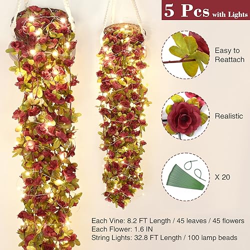 BLEUM CADE 5Pcs 41Ft Flowers Garland Artificial Rose Vines with 32.8Ft String Lights, Cute Fake Hanging Flower Vines Floral Garland Decorations for Wedding Party Wall Room Decor Aesthetic - color: Burgundy Red With Lights, size: 5 Pcs