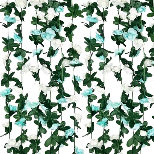 8Pcs 63Ft Teal White Rose Garland, Fake Flower Vines, Artificial Vine Flowers, Rose Hanging Garland for Party Wedding, Garden, Room Table, Christmas, Backdrop Wall Arch Decor - color: Teal White, size: 8Pcs-63Ft