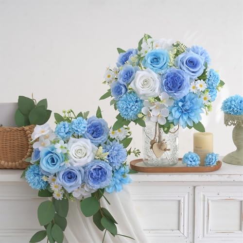 4 Pcs Mixed Artificial Flowers Set, Small Artificial Peony Bouquet Fake Rose Flower Silk Floral Arrangements for Table Centerpiece Home Wedding Party Bridal Decoration(Blue, 2 Bouquets & 2 Stems) - color: Blue & White, size: Mixed 4pcs