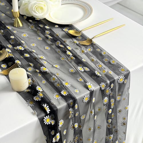 Daisy Gauze Table Runner 120 Inch 10FT, Floral Flower Tulle Table Runner Seasonal Kitchen Dining Table Decorations for Party Wedding Christmas Holiday Birthday (Black) - color: Black