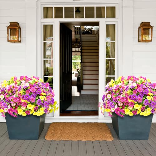 Artificial Flowers for Outdoors, 14 Bundles Fake Outdoor Flowers, UV Resistant Artificial Outdoor Plants & Flowers for Decoration, Colorful Morning Glory for Garden Porch Yard Patio, Mixed Color B - color: Purple, Fuchsia, Pink & Yellow, size: 14 Bundles