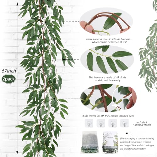 RECUTMS Artificial Willow Leaves Vine Twigs 2Pcs 5.7Ft Fake Hanging Ivy Plants Silk Green Leaf Rattan Garland Greenery Decor for Indoor Outdoor Home Wedding Arch Jungle Beach Birthday Party Garden - color: Willow Vines Green 2pcs