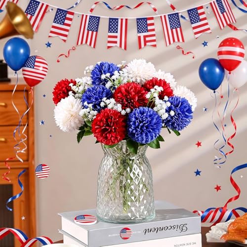 Floweroyal 24pcs 4th of July Flowers Artificial Chrysanthemum Ball Silk Hydrangea Flowers for Independence Day, Memorial Day, Floral Arrangement Decor (Red, Blue, White) - color: Red Blue White-24pcs