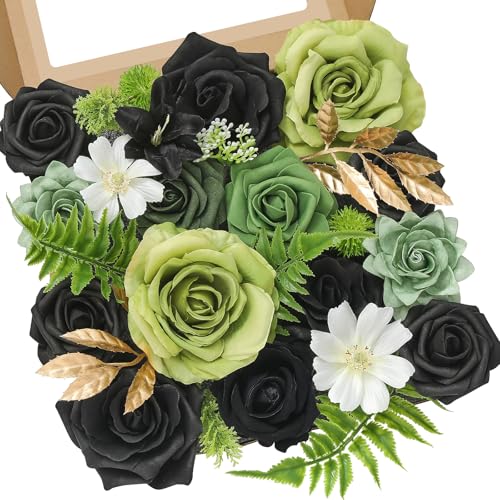 Serwalin Green Artificial Flowers, Black Silk Fake Flowers Greenery Stems for DIY Wedding Bridal Bouquets, Wedding Cake Flowers for Table Centerpieces Baby Shower Birthday Party Home Decorations - color: Black & Green, size: Square