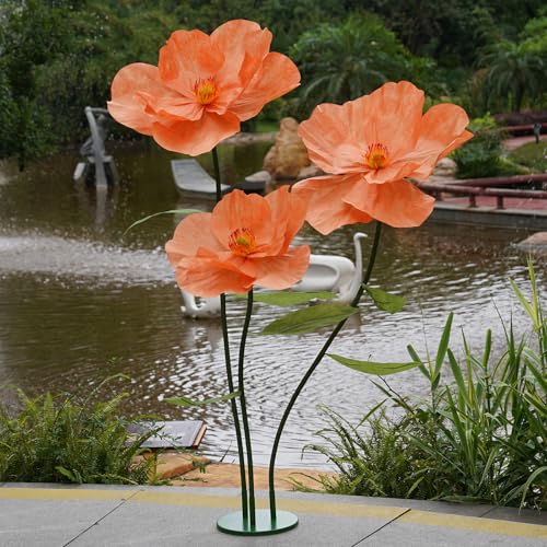 Large Paper Artificial Flowers,Giant Flowers for Decoration,Huge Handcrafted Poppy Fake Flowers with Stand for Home Decor Bridal Shower Party Outdoors Yard Event Backdrop Decor (Orange) - color: Orange