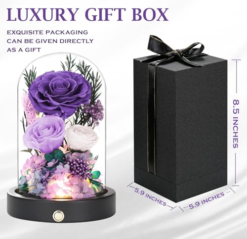 Preserved Flowers in Glass Dome, Purple Forever Roses for Delivery,Eternal Roses Valentines Day Gifts for Wife, Anniversary Birthday Gifts for Women Mom Girlfriend - color: New Purple