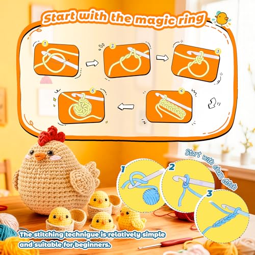 Joyclub Crochet Kit for Beginners 4 Pcs Chicken Family Amigurumi Crochet Starter Kits with Step-by-Step Video Tutorials DIY Craft Gift for Adults Kitting Lovers Mother Teacher Student - color: Crochet Chicken