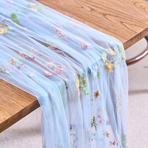 vctops 2 Packs Embroidery Lace Fall Table Runner 10ft Floral Garden Seasonal Tulle Table Runner Holiday Kitchen Dining Table Decoration for Wedding Party Baby Shower Birthday (Blue,30"x120") - color: Blue