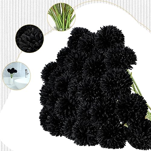 Xunyee 30 Pcs Halloween Artificial Black Flowers with Stems 2.76'' Large Black Faux Flowers Plants Faux Silk Chrysanthemum Ball Hydrangea Arrangements for Wedding Bouquet Floral Centerpiece Decoration
