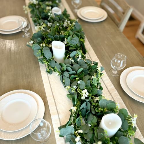 CQURE 6Pcs Eucalyptus Garland,Artificial Eucalyptus Leaves Table Greenery Garland Wreath Vines for Wedding Party Table Bedroom Wall Decor - size: 35.4 Ft with Flowers
