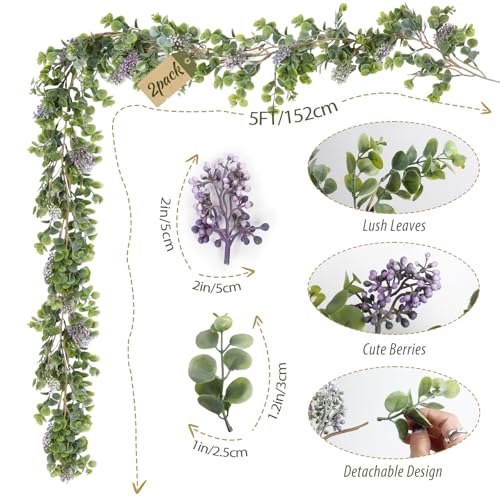 RECUTMS 2Pack Faux Eucalyptus Garland 5FT Artificial Eucalyptus Leaves Plant Vines with Purple Grape Berries Stems Hanging Greenery Ivy for Wedding Party Outdoor Indoor Home Table Mantle Wall Decor - color: Grape Vine Purple