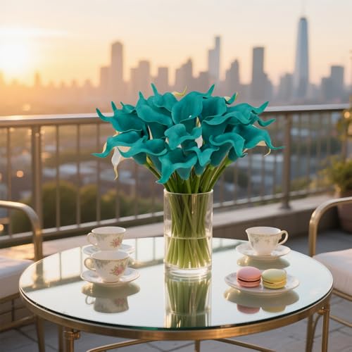 20Pcs PU Calla Lily Artificial Flowers Indoor Fake Flowers Artificial Realistic Fake Flowers for Wedding Bouquet Home Decoration Faux DIY Party Living Room Bed Room Kitchen(Blue)