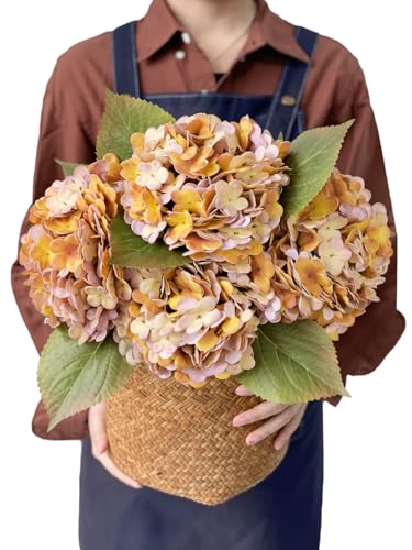 JINWOE 4pcs 20Inch Real Touch Silk Artificial Hydrangea, Yellow & Purple Artificial Flowers Heads with Stems Fake Hydrangeas Flowers for DIY Wedding Centerpiece Home Fall Boho Decor - color: Yellow