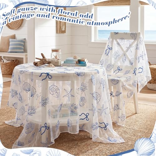 Mindsoft 3 Pcs Coastal Table Runner 10ft Blue Bow Beach Ocean Nautical Embroidery Tulle Lace Table Runner Last Toast on the Coast Decor for Wedding Bridal Baby Shower Holiday Dining DIY - style: Coast