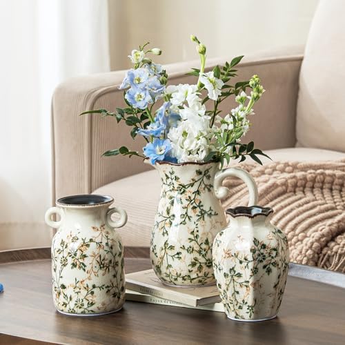 Ceramic Flower Vases Set of 3 | Green Rustic Farmhouse Vase Set for Home Decor, Vintage Floral Decorative Vase for Living Room & Kitchen, Mantel & Bookshelf, Centerpieces, Entryway(5.7+5.9+7.1Inch) - color: 06-green and Beige-set of Three