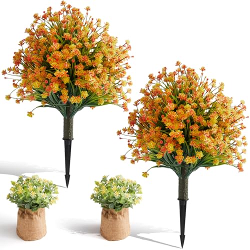 Set of 2 Artificial Monkey Grass & Yellow Flowers Topiary Balls, 22.6" UV-Resistant Faux Evergreen Shrubs with Ground Spikes — Festivel Outdoor and Indoor Décor Plants for Porch, Patio, and Garden - color: 2pcs 22.6in Monkey Grass With Yellow Flowers