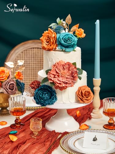 Serwalin Artificial Flowers, Teal Burnt Orange Silk Floral Centerpieces, Fake Flowers Bouquets Box Set for Wedding Bridal Baby Shower Party DIY Craft Home Cake Decoration - color: A Blooming Orange Teal, size: Square