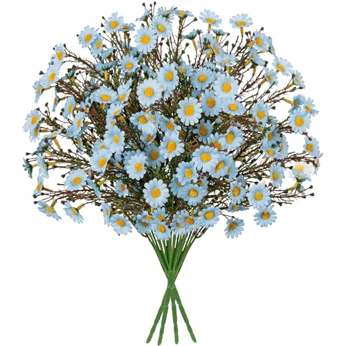 UV Resistant Blue Daisy Artificial Flowers Lush 4 Bouquets Silk Fake Daisies, 14" UV Protected Faux Daisy Flowers for Indoor & Outdoor Vase, Planter, Floral Arrangements, Centerpieces, Wedding Decor - color: Blue