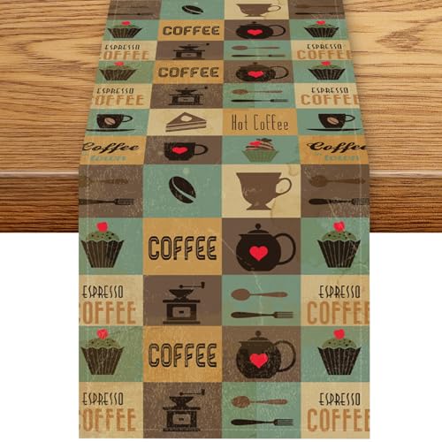 Coffee Theme Table Runner, Rustic Coffee Time Cafe Cup Tea Bean Drinks Vintage Farmhouse Teal Table Center Decor for Family Kitchen Farmhouse Holiday Party Table Decorations,, 13"x36" - color: Coffee-7, size: 13“ X 36"