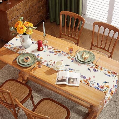 Spring Wildflowers Floral Table Runner Farmhouse Burlap Butterfly Seasonal Outdoor Summer Home Dining Centerpiece for Home Decor 13x72 Inch - color: Wildflowers, size: 13x72inch