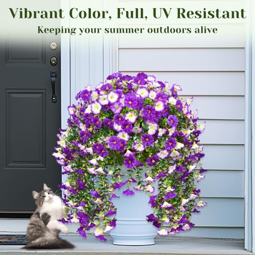 Dolicer 8 Packs Look Real Artificial Flowers for Outdoors, Fake Artificial Hanging Flowers for Outdoors Realistic UV Resistant Hanging Flowers Silk Petunia Faux Flowers for Porch Patio (Mixed Purple) - color: Mixed Purple, size: 8 packs