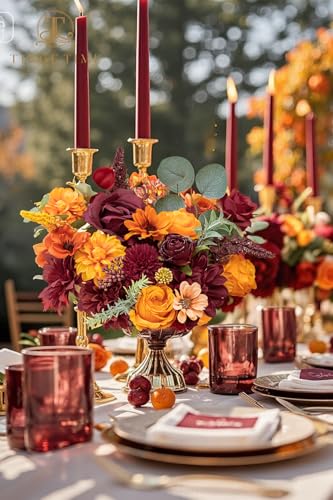 TINGE TIME Silk Fake Flowers Combo, Fake Foam Dahlia with Stems for DIY Wedding Bouquets Centerpieces Baby Shower Party Home Decorations(Burgundy & Burnt Orange) - color: Burgundy & Burnt Orange