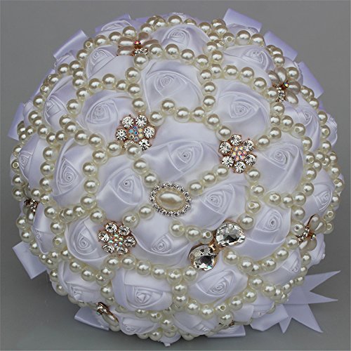 USIX Handcraft Popular Satin Rose Rhinestone Brooch Flower Pearl Bridal Holding Wedding Bouquet Wedding Flower Arrangements Bridesmaid Bouquet(White) - color: White