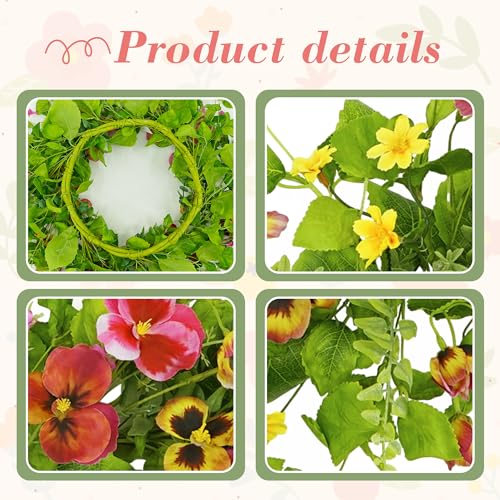 YNYLCHMX 20" Spring Summer Wreaths for Front Door, Artificial Floral Wreath with Ivy Leaves Daisies Pansies Rose Leaves, Green Foliage Wreath for Wall Window Farmhouse Party Holiday Home Decor - color: Daisy&pansy
