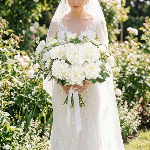 6pcs Large Faux Dahlia Artificial Flowers White Fake Silk Dahlia Flowers with Long Stem for DIY Wedding Party Floral Arrangements Home Tables Decoration（White - color: White