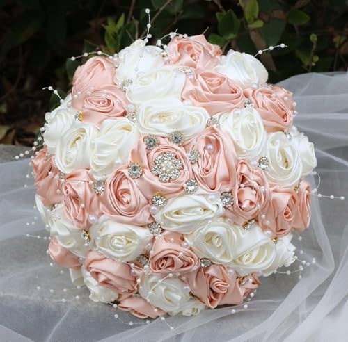 Ujicde Romantic Wedding Bouquet Bridal Bridesmaid Round Bling Brooch Bouquet Throw Toss Artificial Rose Flower Bunch with Sparkle Rhinestone Crystal Decoration(Peach Pink+Ivory,Dia. 6.3"*16cm) - color: Peach Pink+ivory, size: Dia. 6.3"*16cm