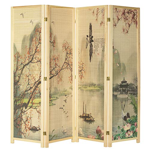 MyGift 4-Panel Folding Bamboo Room Divider Asian-Inspired Cherry Blossom Scene, 6 FT Freestanding Floral Artwork Room Partitioner with Beige Wood Frame - color: Beige (Floral), size: 4 Panel