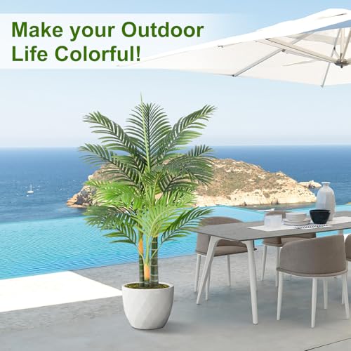 4ft Tall Triple Golden Cane Palm Artificial Tree Large Tropical Palm Tree UV Resistant Fake Plant in Pot for Indoor Outdoor Big House Living Room Outside Patio Office Home Decor 1Pack - size: 4ft