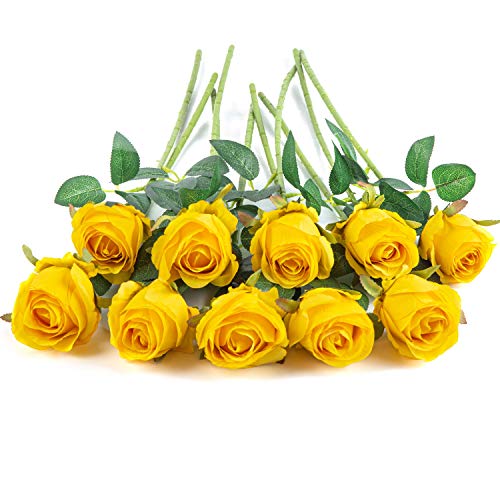 10pcs Artificial Rose Flowers Long Stem Fake Silk Roses for DIY Wedding Bouquet Table Centerpiece Home Decor (Yellow) - color: Yellow