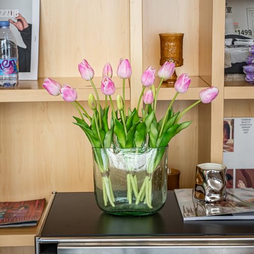 DUYONE 15pcs Artificial Tulips Flowers, Soft Touch Latex Bouquet, Fake Tulips for Office Wedding Party Home Kitchen Garden Decoration - color: 15pcs Baby Pink (No Vase)