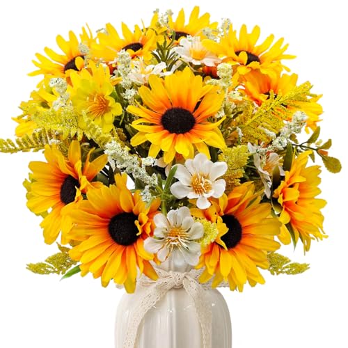 5 Bunches Artificial Sunflowers Bouquets, Fake Silk Sunflower with Faux Daisy Wildflowers Plants for Home Decor Indoor Floral Arrangements Table Centerpiece Bridal Wedding Decor (Orange) - color: Orange