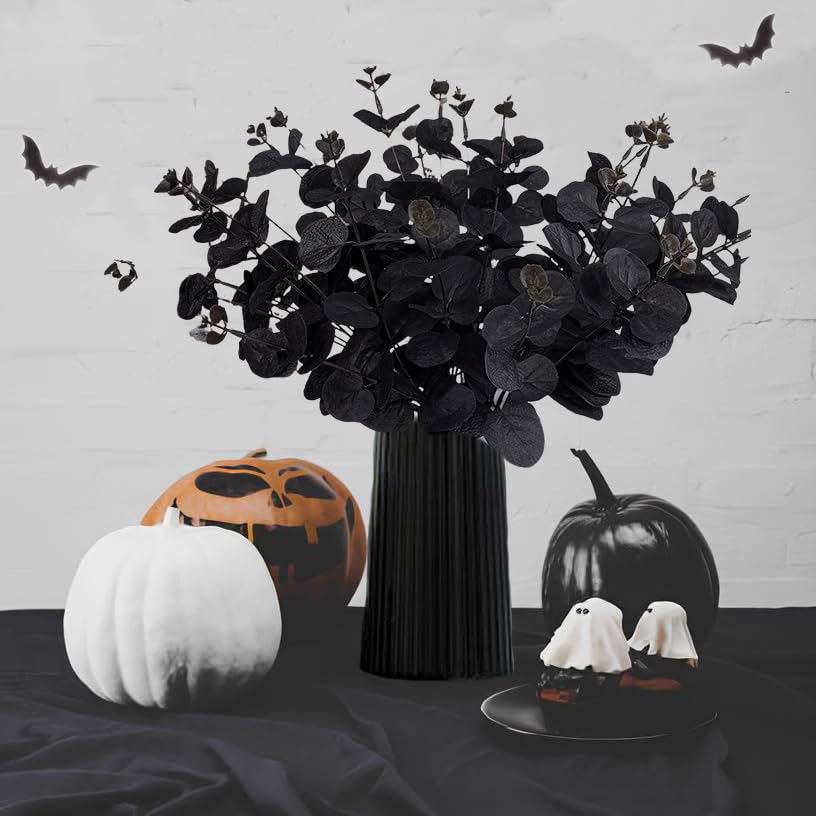 Tinsow 5 Pcs Black Artificial Eucalyptus Stems Faux Eucalyptuses Branches Black Leaf Halloween Centerpiece Halloween Home Decor (Black, 5) - color: Black