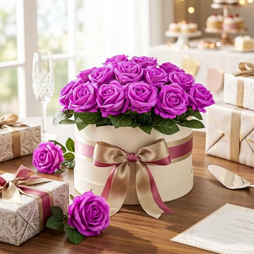 Auihiay 14PCS Magenta Artificial Roses, Realistic Silk Fake Roses Flowers with Long Stem for Valentine's Day Gift, Home Party Table Centerpiece & Wedding Cake Decorations - color: Magenta